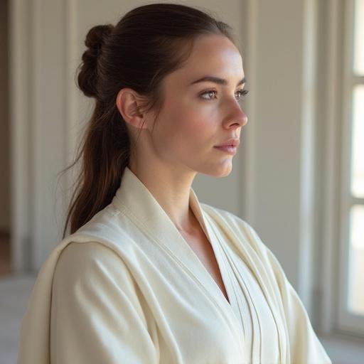 An attractive woman wearing white robes. She has a serene expression. The setting is calm and inviting. The focus is on her features and elegant attire.