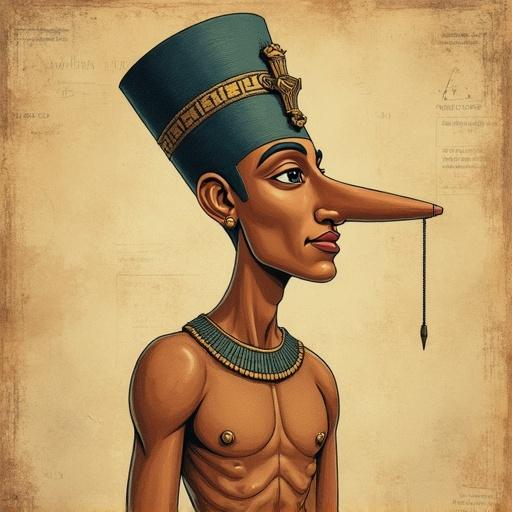 Vintage style man depicted with a prominent nose in Egyptian fashion. No bright colors used. Flat colors on the background resemble an ancient manuscript theme. The man has large eyes and outlined edges in the illustration. Overall appearance is vintage with muted tones and a canvas-like texture.