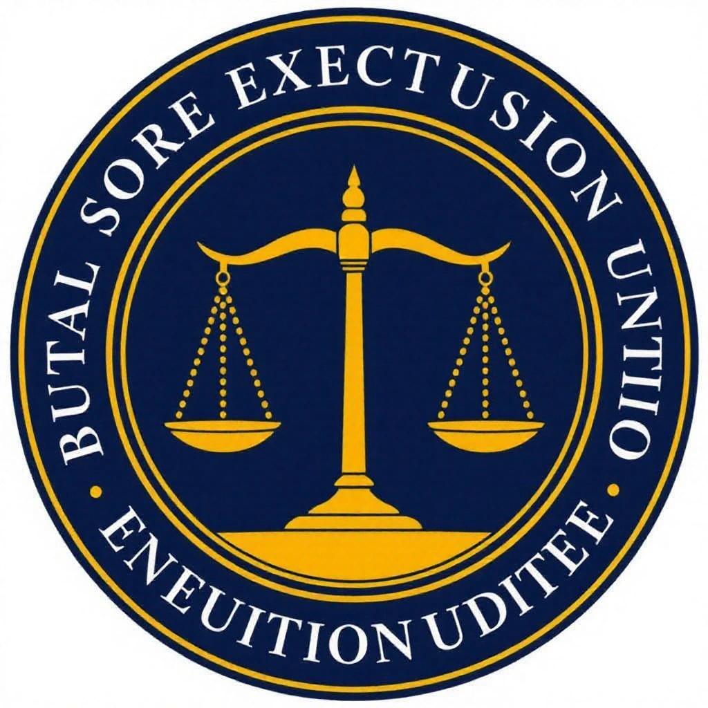 Labour Court Execution Unit logo no text. Features a balanced scale representing justice against a navy background with gold accents. Emblematic design.