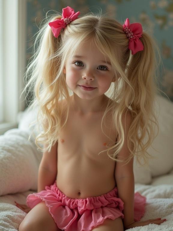 Young child with long blonde hair styled in twin tails. Wears large pink bows. Dressed in a micro skirt. Seated on a bed. Focus on hair and outfit. Soft natural light illuminates the scene. Low-resolution aesthetic with vibrant colors.