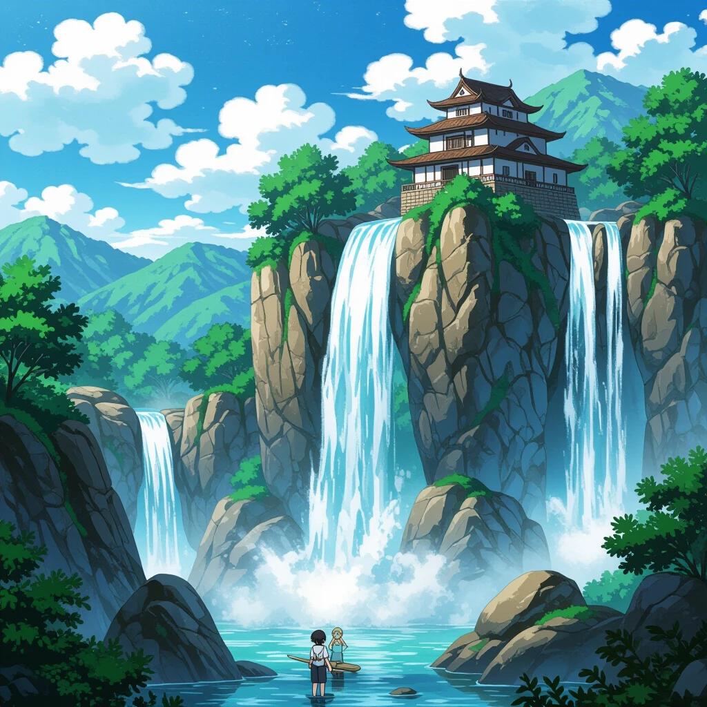 Beautiful anime landscape featuring a serene waterfall. Majestic mountains surround the scene. A traditional Japanese building is situated atop the rocky cliffs. Two characters are enjoying the scenic view. Bright blue sky filled with fluffy clouds.