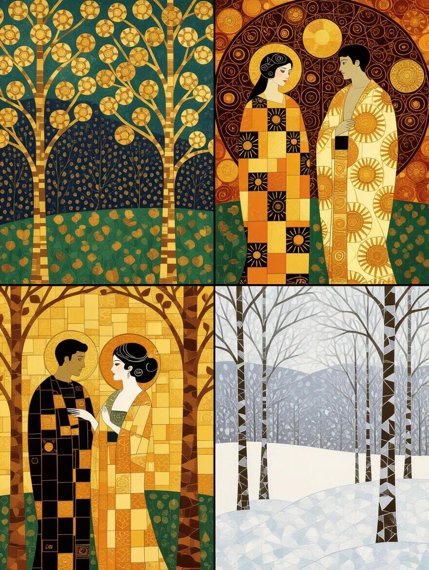 Four panels depicting the four seasons. Each panel showcases seasonal themes in Klimt's ornamental style. Spring has flowering trees with geometric blossoms. Summer displays figures in sun-patterned robes. Autumn features trees with copper and gold leaves. Winter presents a snowy landscape with silver patterns. The artwork reflects varied seasonal lighting. It follows Klimt's signature decorative approach.