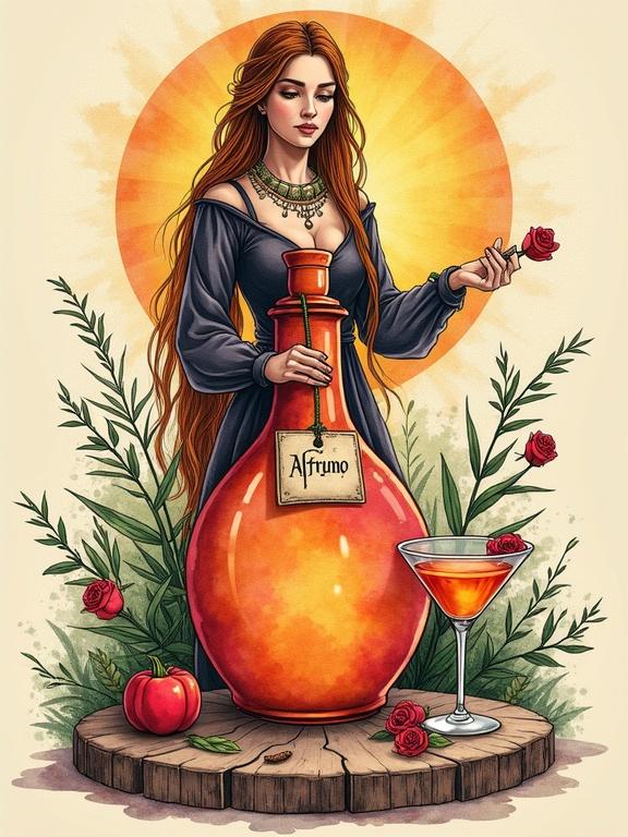 An illustration of a Germanic goddess crafting mystical elixirs. She stands next to a vibrant liqueur bottle labeled 'ALFRUNO'. The scene includes two cocktail glasses, roses, and rosemary around the bottle. The background is beige with floral patterns. The artwork has a nostalgic and fantasy theme.
