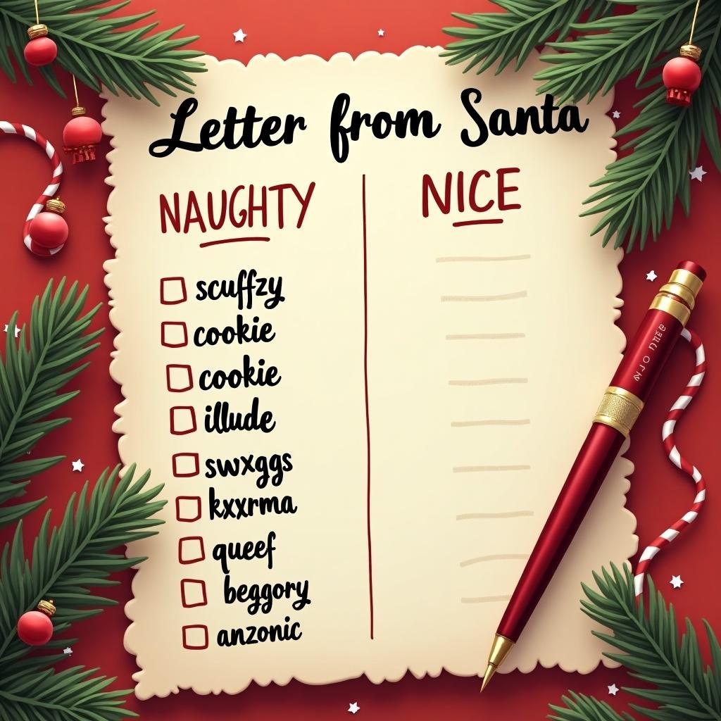 Letter from Santa featuring a Naughty and Nice list. Nice list contains names including scuffzy, cookie, illude, kronik, swxggs, kxrma, queef. Naughty list includes nai, beggory, anzonic. Decorated with festive Christmas elements.