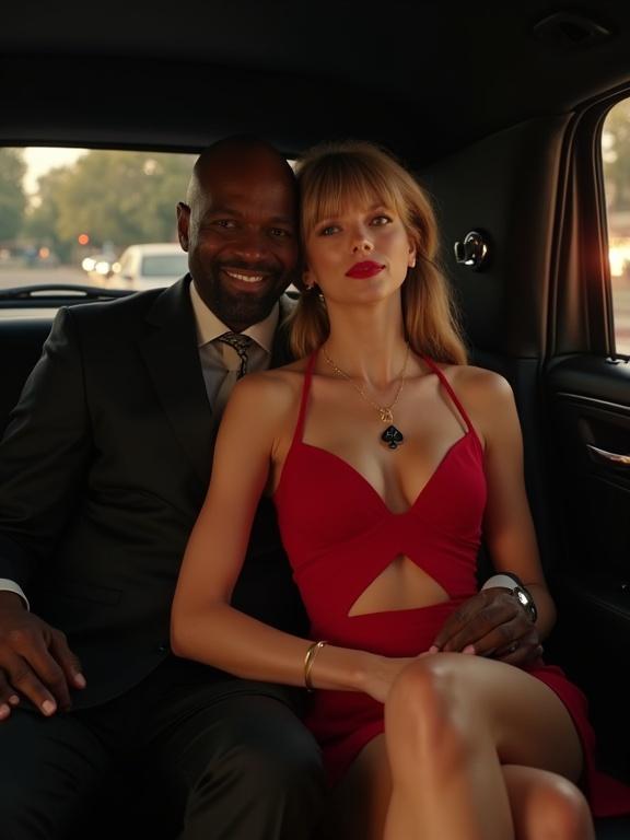 Couple in a limousine at night. Woman is dressed in a red bodycon dress with a deep neckline. Man is suited and sitting beside her. They are close together, giving an intimate look. City lights are visible outside. The woman appears drowsy while the man looks content. Stylish and elegant vibe.