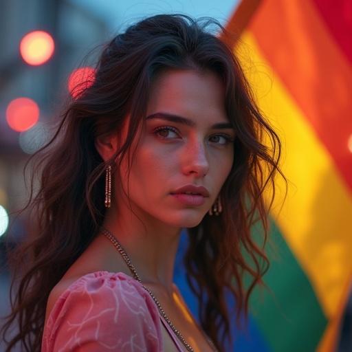 Hot movie poster features a woman. Title reads TOGETHER FOR WORLD EQUALITY in rainbow letters with hearts. Includes trans and pride flags. Artistic style is hyper-realistic photography.