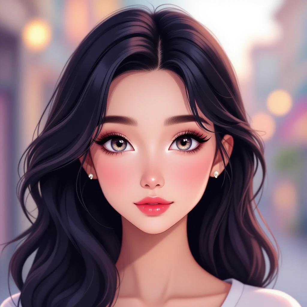 Close-up headshot of female character. Black long hair over shoulders. Pale pinkish skin. Bright clear eyes. Elegant and noble appearance. Soft lighting. Low saturation and brightness. Detailed features. Blurred background.