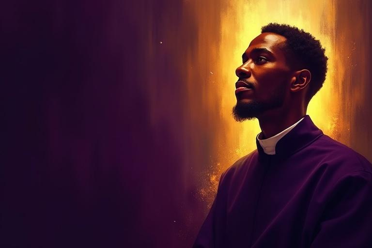 Vibrant digital artwork of Saint Martin de Porres. Close-up portrait with a dramatic color palette. Depicted in a Dominican habit. Serene, compassionate expression. Gaze reflects wisdom and humility. Rich brown skin tone highlighting Afro-Peruvian heritage. Surrounded by warm, intense glow. Background blends deep shadows and golden light. Large negative space on the left.