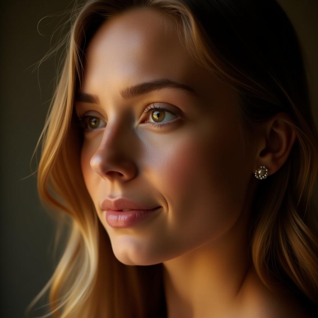 Close-up side profile of a young woman. Warm lighting on her face. Soft focus on her features.