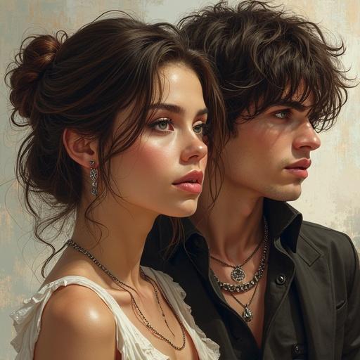 Drawing of a woman with short brown hair and brown eyes alongside two dark-haired men in a fantasy world.