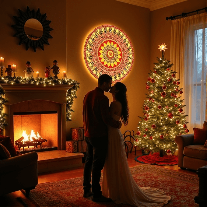 A couple embraces by a decorated Christmas tree and fireplace in a warmly lit living room.