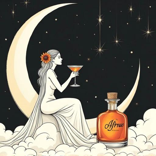 A minimalist line art drawing shows a modern Luna goddess sitting on a crescent moon. The goddess wears a flower in her hair and holds a cocktail glass in a toasting gesture. Next to her is an apothecary bottle labeled 'ALFRUNO' on a cloud. The bottle glows softly in a golden-reddish hue and has a cork lid. There is a simple hang tag with 'ALFRUNO' written in elegant script. The background features a deep twilight sky with bold black outlines, creating a striking contrast inspired by traditional zen art and Aubrey Beardsley style. The overall effect conveys simplicity, elegance, and dark mystery.