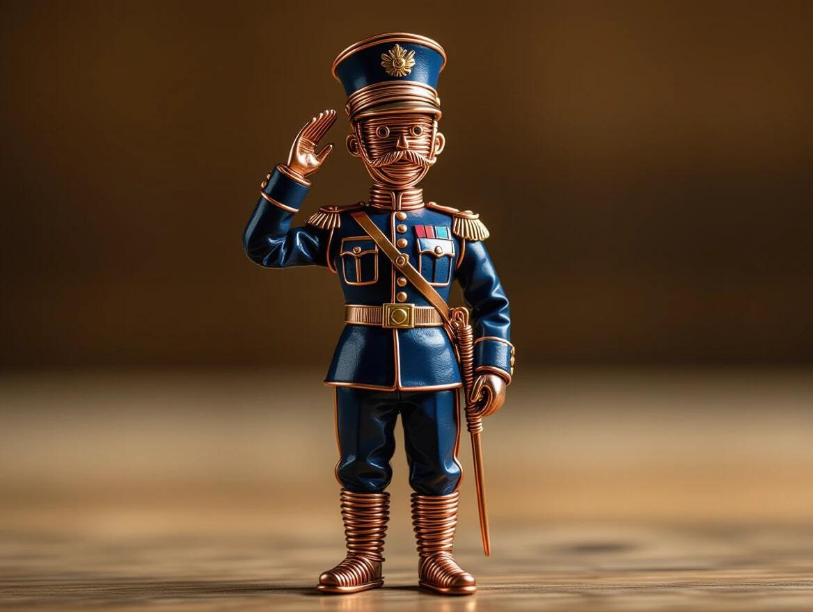 Miniature toy soldier made from twisted copper wire. Soldier stands in military pose with hand saluting. Sculpture shows intricate details including peaked cap, uniform jacket, and boots. Each element formed from loops and spirals of thin wire. Handmade quality with visible joints. Soldier rests on wooden surface with soft warm lighting.