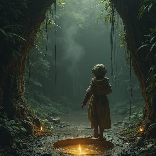 A child stands at the edge of a well surrounded by a dense forest. Soft light filters through the trees. The child looks curiously into the well. The atmosphere is magical and inviting.