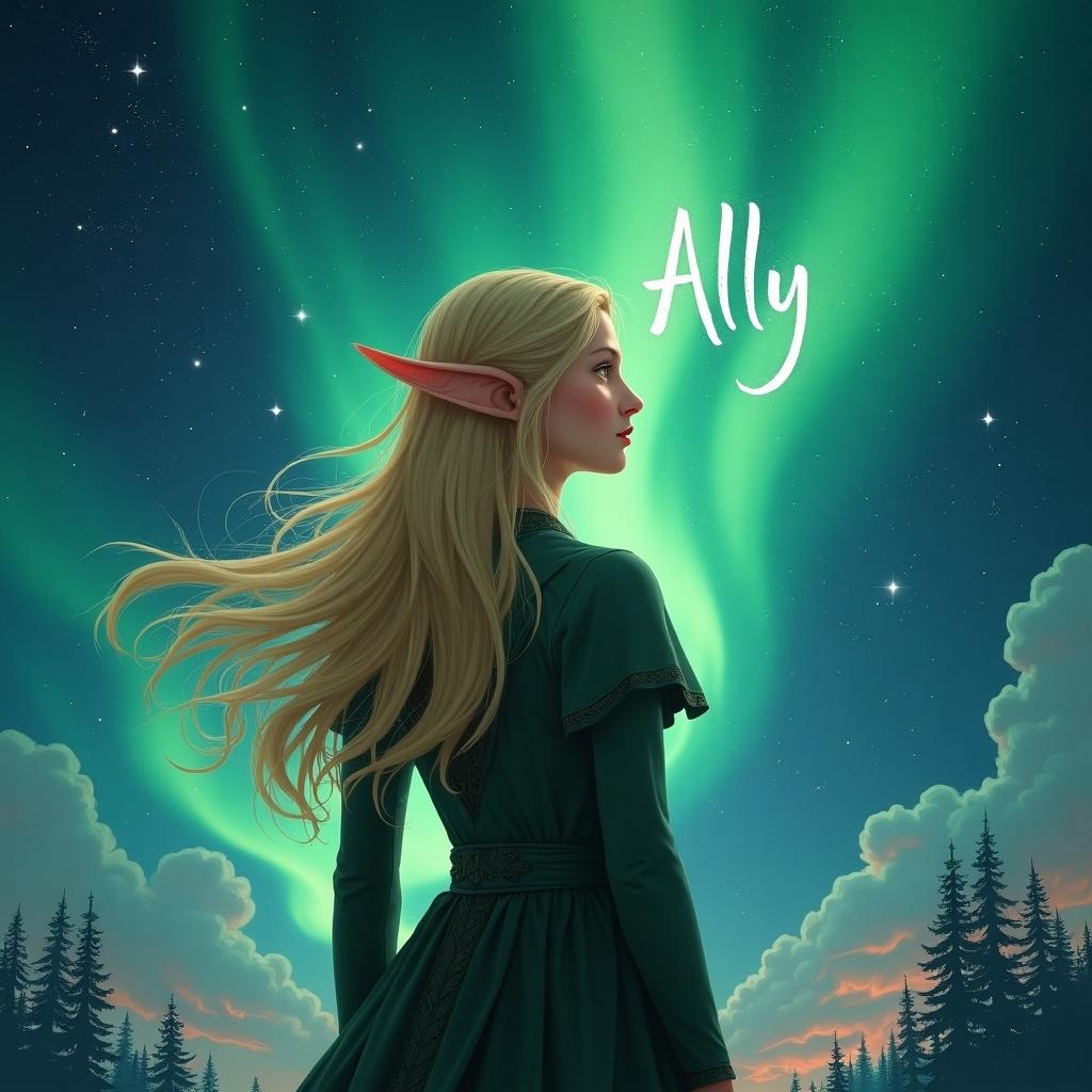 This image features a blonde elf girl with her back turned, elegantly gazing at the captivating northern lights in the sky. She writes the name 'Ally' into the night, with her long hair flowing gently in the breeze. The sky is filled with sparkling stars that complement the aurora’s vibrant colors. The scene captures a magical and serene atmosphere, typical of fantasy art. The elf's attire hints at a mystical realm, inviting viewers into her enchanting world.