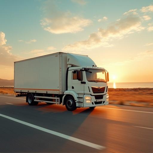 Wide angle distant view of a white delivery truck on an open road. Scene captures cinematic feel with soft lighting from sunset.
