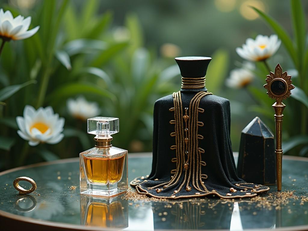 A woman in a dark, ornate outfit with a hood sits at a table with two decorative bottles and small objects.