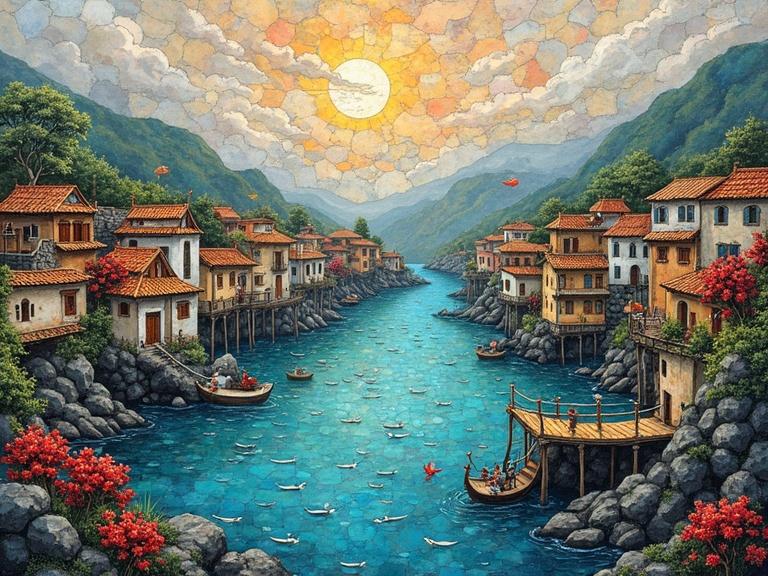 Iridescent ceramic tile and glass mosaic art depicting a fishing village in high fantasy style. Features rustic medieval and Asian influences with anime inspiration. Created using ink and watercolor techniques for an ethereal look.