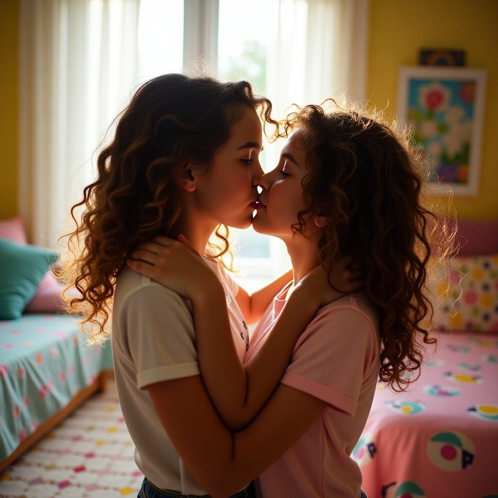 Two teenagers with curly brown hair hugging and kissing in a bedroom. Bright colors and natural sunlight create a warm atmosphere. Close-up captures intimate moment.