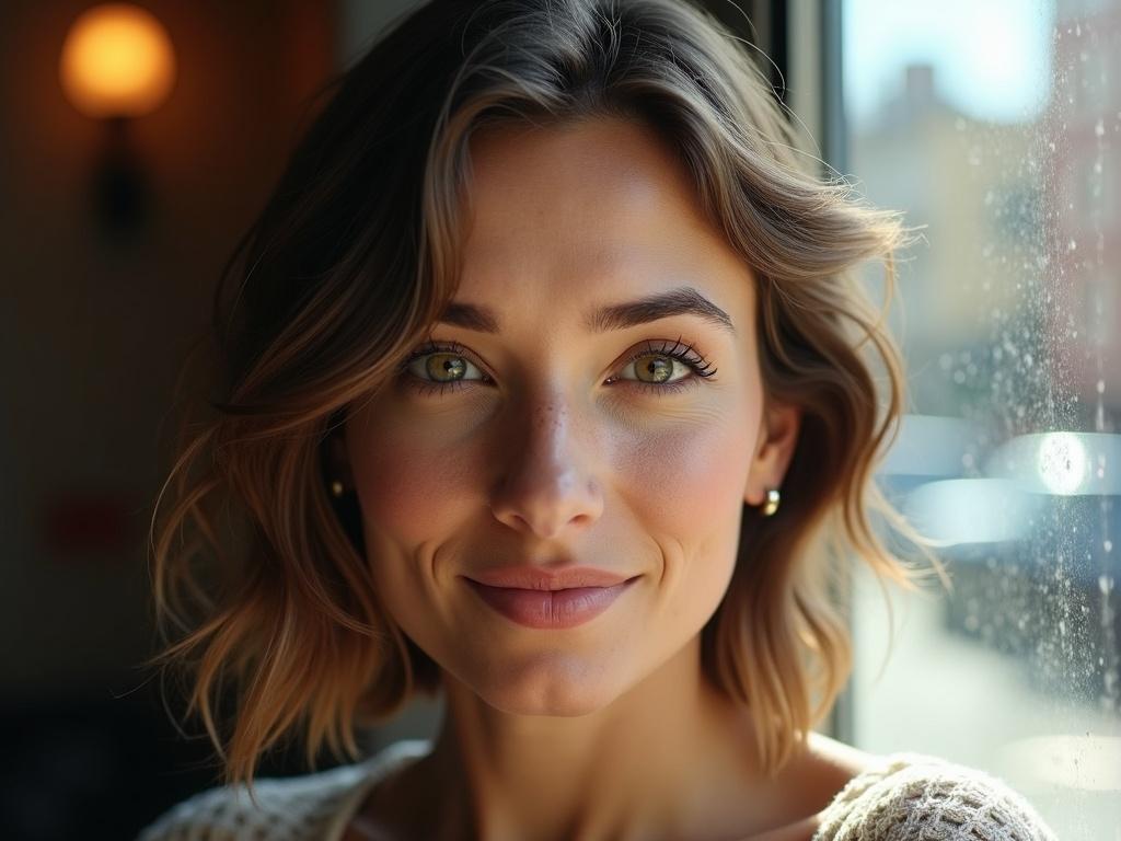 Hyper-realistic portrait of a 35-year-old woman with light brown wavy hair. Natural skin texture with visible pores and imperfections. Calm expression with green eyes and a slight smile. Soft daylight from a window. Urban background blurred. Captured with a Nikon D5300 using a 50mm lens. Color grading inspired by Steve McCurry.