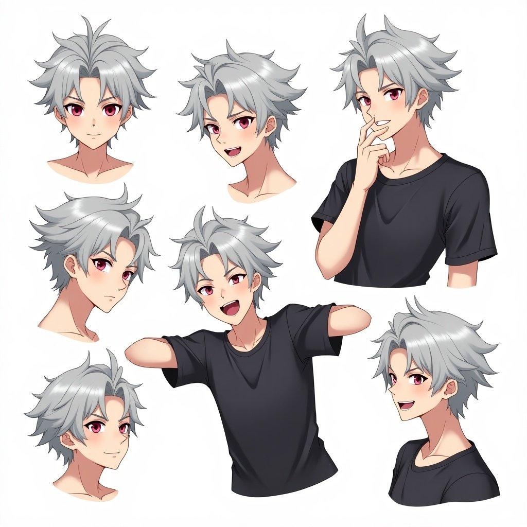 Anime character design showcasing a single male character. Character has silver hair with an ahoge. Features include red eyes and various facial expressions. The character has a black shirt and a simple white background. Multiple angles shown with upper body focus.