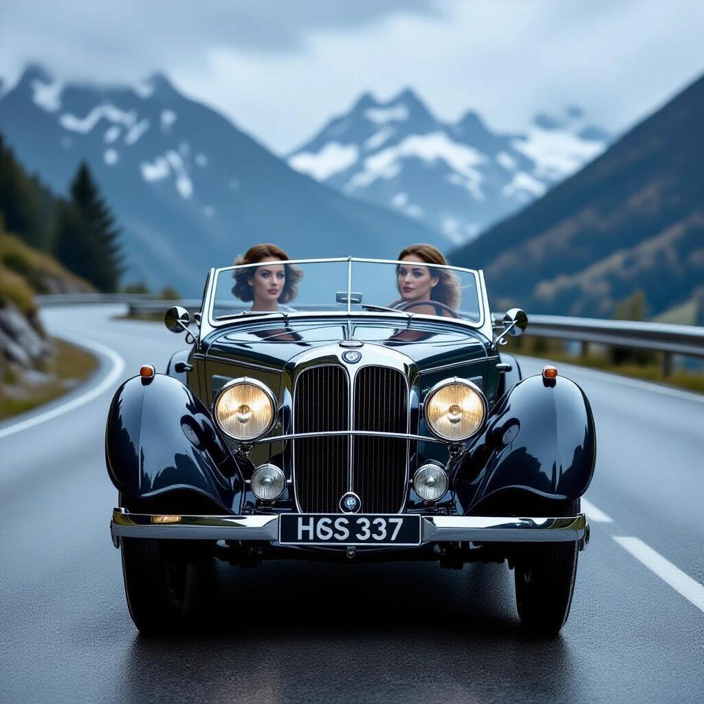 Ultra realistic photograph. Vintage 1937 BMW 328 sports car drives on a winding mountain road. Inside the car are two stylish women dressed in elegant 1937 fashion. Setting includes misty mountains and wet asphalt after rain. Car features ultra detailed grille and chrome details. Shallow depth of field focuses on the front end of the BMW and the women inside.
