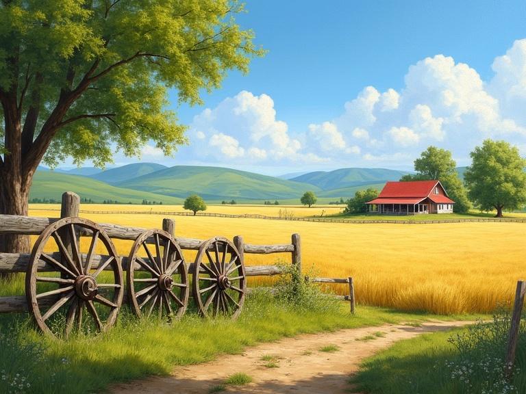 A serene countryside landscape displayed in an oil painting. Features a wooden split-rail fence with two wagon wheels, a dirt path, a golden field, a large tree, a charming farmhouse, and rolling green hills under a blue sky.