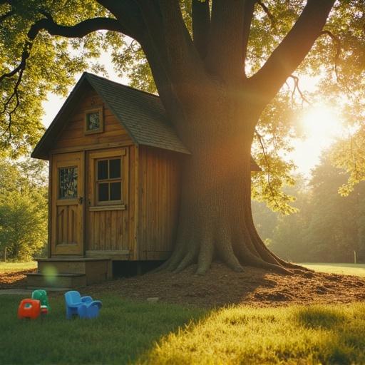 Sun-faded photograph of a childhood treehouse. Captured in dreamy afternoon light. Toys scattered on the grass. Slight blur around edges. Nostalgic emotion using warm filters. Vintage film photography style with soft grain. Golden hour palette.