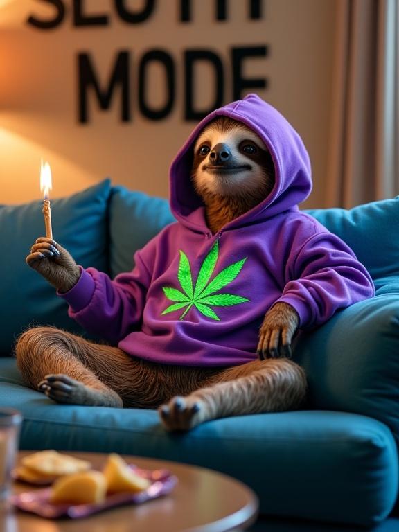 A sloth lounging on a blue couch in a living room. The sloth wears a purple hoodie with a green marijuana leaf. It holds a lit joint in one hand and a glass in the other. A packet of chips is on the couch. A coffee table is in front of the couch. The wall has an inscription that says 'SLOTH MODE'. Warm lighting enhances the textures and colors of the scene.