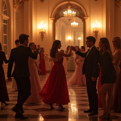 Photographic image of young adults in elegant dresses dancing and celebrating a birthday in a luxurious baroque-style house during the evening with classic columns and candles.