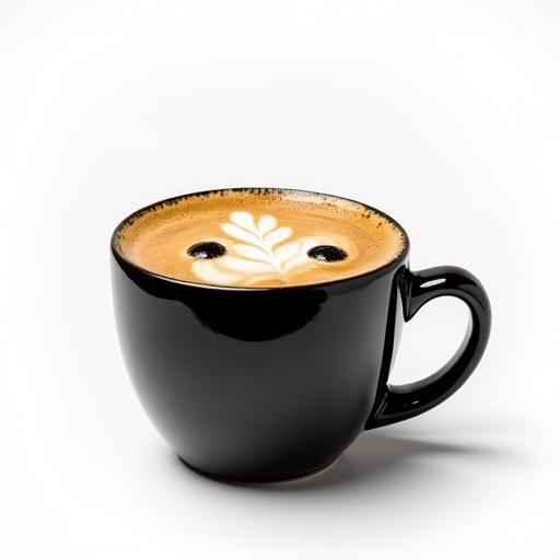 A black wider mug of coffee viewed from the top. The coffee foam creates a fuzzy, funny face on a white background.