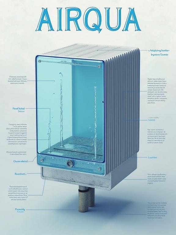 Concept poster for an atmospheric water generator named AIRQUA. Device generates drinking water from atmospheric humidity using sound energy. Simple, eco-friendly, low-cost technology. Features like ultrasonic transducer unit, condensation chamber, drainage channels, purification system, solar power options and optional smart display to track water data.