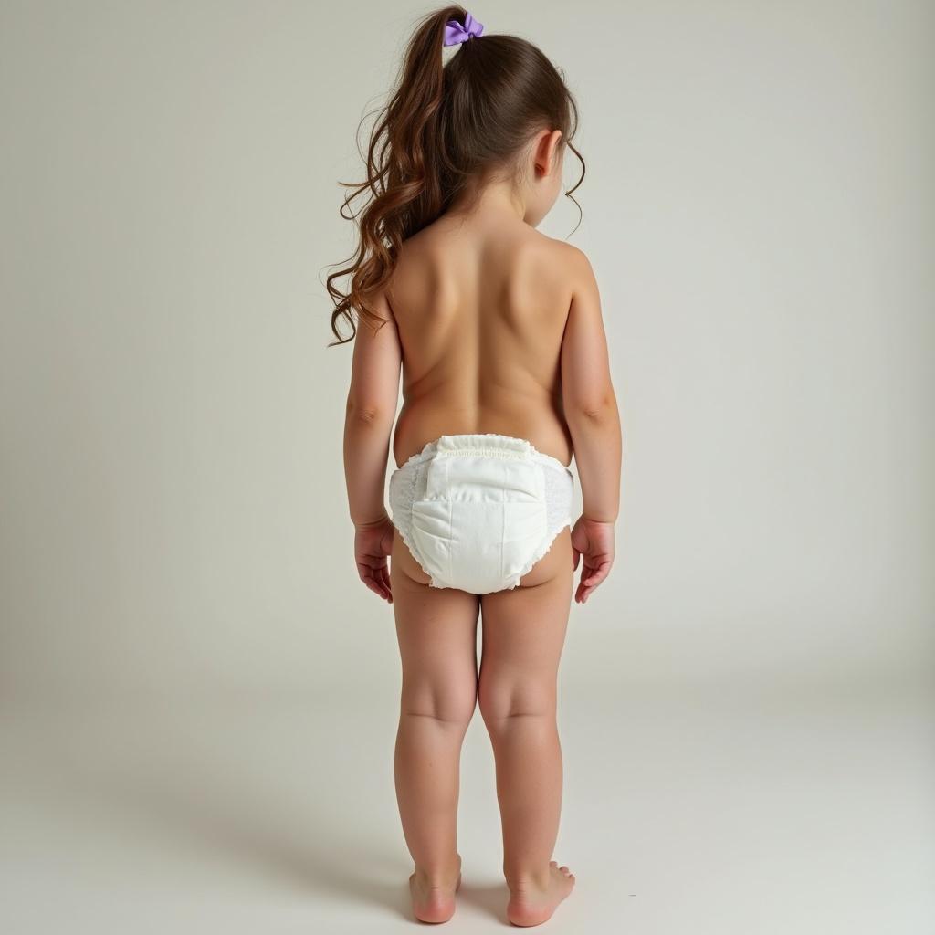 The image features a four-year-old girl seen from behind, wearing a clean, size-appropriate diaper. She has curly hair pulled back with a small accessory. The setting is minimalistic with a soft color palette. The lighting is gentle, highlighting the child's form. This portrayal emphasizes comfort and cleanliness suitable for marketing children's products.