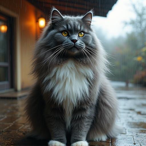 Realistic photo of Maine Coon cat. Cat is large and fluffy. Color is gray with white paws. Cat has expressive yellow eyes. Cat is sitting under roof. Heavy rain is falling. Ground is wet with puddles. Background is a blurred courtyard. Style is photorealistic and highly detailed. Lighting is natural and cool.
