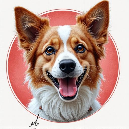 Logo design featuring a smiling dog face in a round format. Focus on detailed representation and colorfulness. Style reflects embroidery art