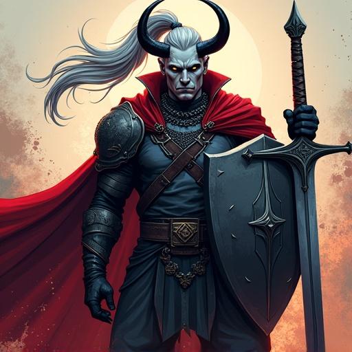 Dramatic portrait of a tiefling with gray skin and amber eyes. Long silver hair in ponytail. Black horns curved back. Wears chainmail and red cloak. Holds longsword and shield. Bold colors. Intense lighting and blood splashes in background. Inspired by video games and graphic novels.