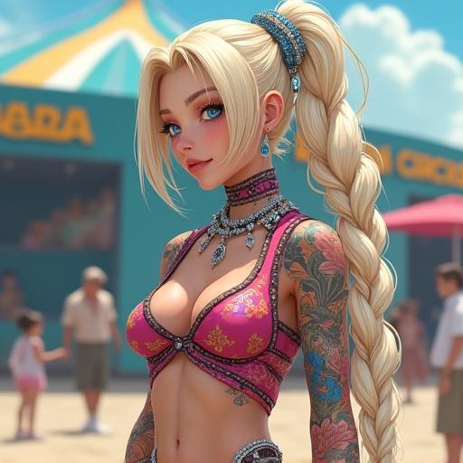 Woman with oversized light blonde braided ponytail. Frosted blue eyes looking confidently. Wearing modern and edgy printed streetwear. Displaying colorful traditional Japanese tattoos. Piercings visible on body. Muscular with six-pack abs. Outside of a luxurious circus environment. Bright noon setting. Walking casually amid event setting. Stunning blue diamond encrusted sunglasses resting on hair.