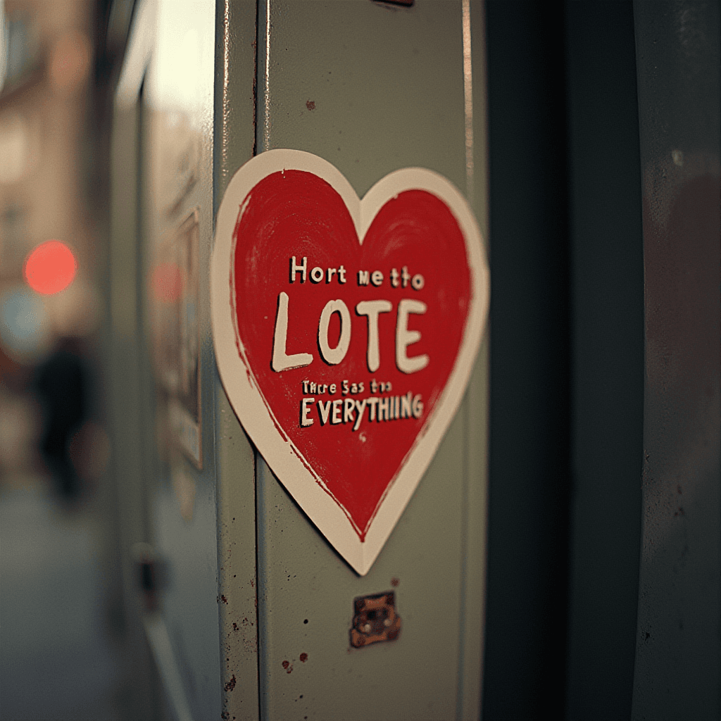 A heart-shaped sticker on a metal surface with an intentionally misspelled message about love.