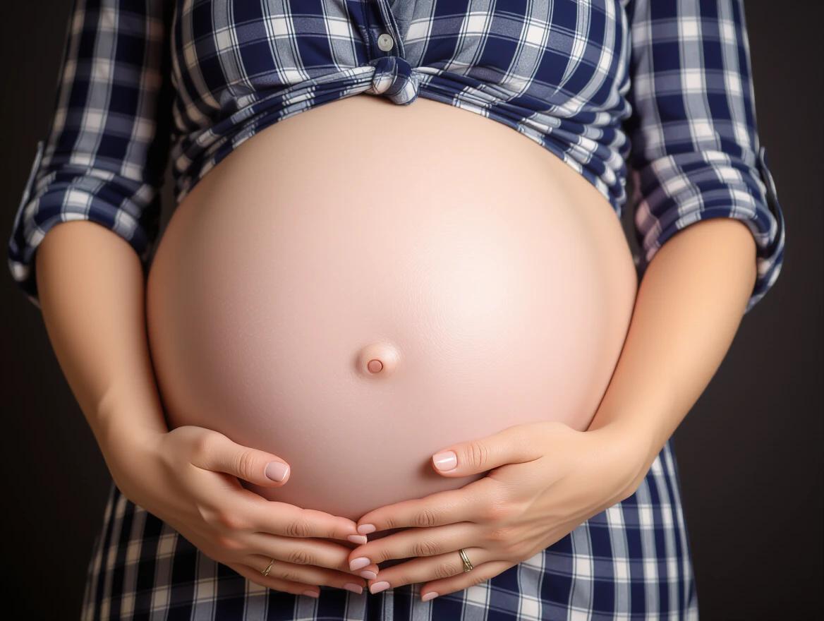 Close-up of a huge pregnant belly. Hands are cradling the belly. Dark background. Woman wearing a plaid shirt. Soft focus on the belly.