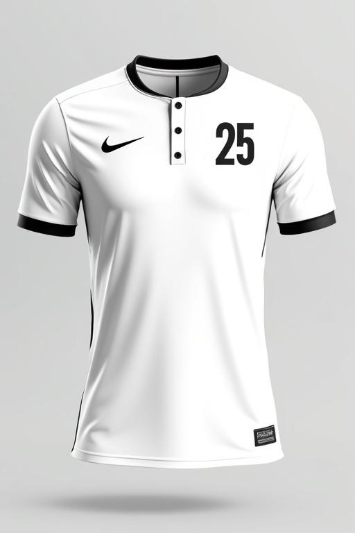 Design the front of a football shirt. Plain white base with intricate black details. Incorporate number 25. Include Nike logo. Design resembles a button-up shirt with collar and buttons. Add stripes or patterns in grey or black.