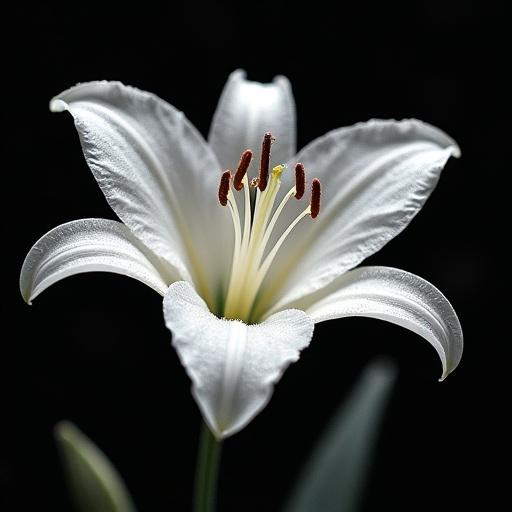 Close-up image of a white lily on a black background. Features pure dew on the petals. Includes a delicate silver fairy element. Combines aspects of pointillism, diamond painting, and watercolor drawing. Evokes a beautiful and fantasy aesthetic.