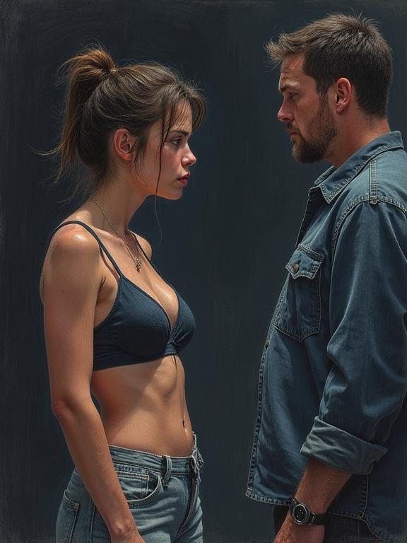 Realistic crayon drawing showing two figures facing each other. One figure is a scared young woman in a bra, and the other is a supportive father. Dark background creates tension in the scene.