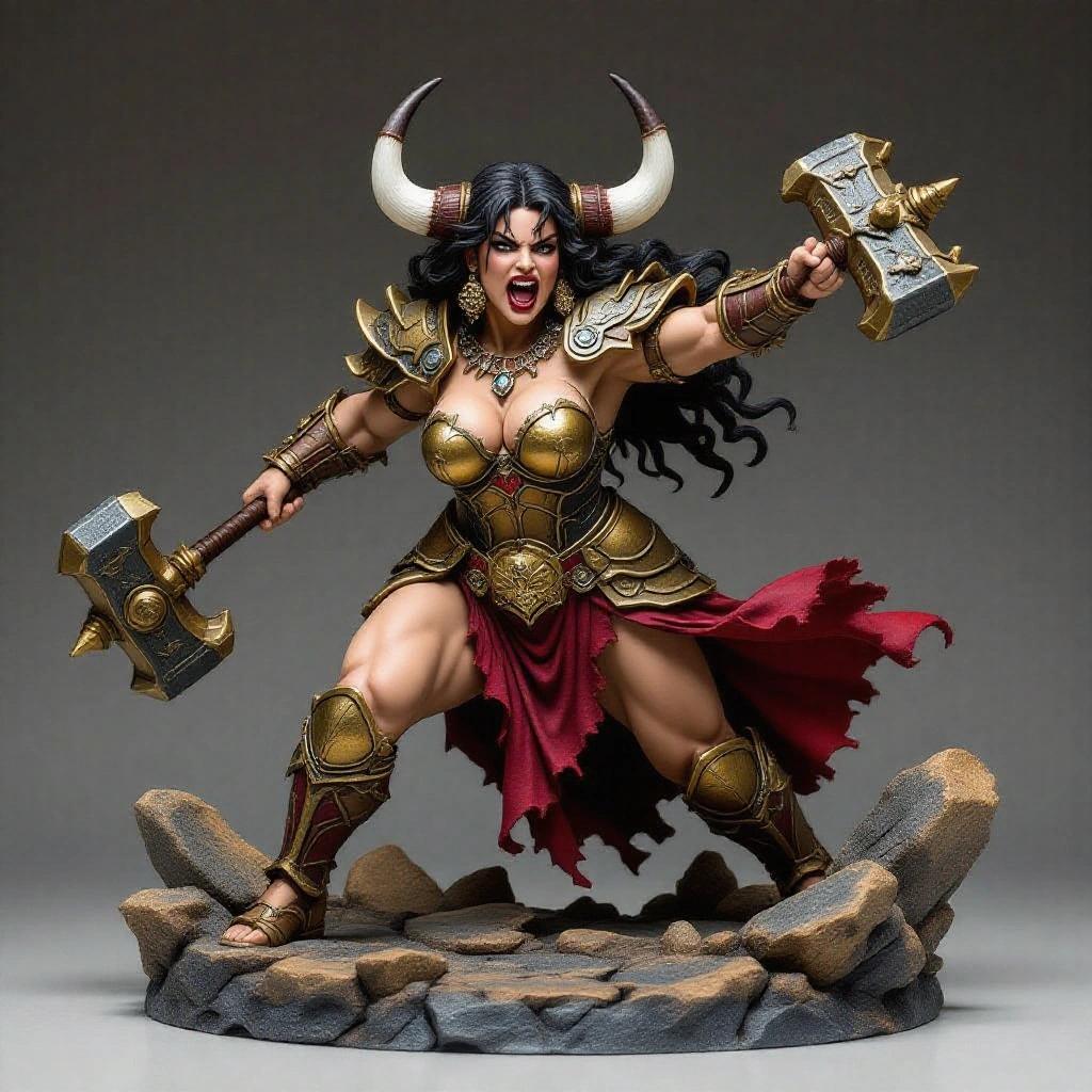 Resin figure of a muscular woman with a fierce expression. She strikes a mace against the ground. Wears heavy armor with gold details, large bull horns. Torn dress flows with impact. Stands on a rocky base.