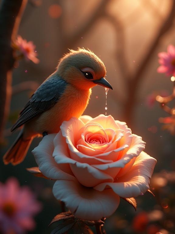 A 3D scene blends Pixar and Tim Burton styles. A nightingale with soft, coppery-gold plumage and expressive eyes gently rests on a white rose with thick, velvety petals. A thorn pierces its chest, releasing droplets of blood that stain the rose. Dramatic lighting with golden and purple hints surrounds the scene. A surreal forest with twisted trees and glowing flowers creates an enchanting background. Hyper-detailed textures are visible on feathers and petals. The warm color palette features deep reds and antique golds. Tilt-shift effect highlights an intimate tragedy.