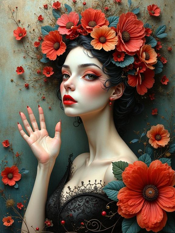 Masterpiece multi-layered artwork depicting a sensual woman surrounded by vibrant flowers; intricately detailed and whimsical