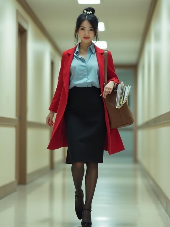 Full-body image features a young East Asian female agent moving gracefully through corridors of an agency building. She wears a sky-blue blouse and a black knee-length skirt with a cherry-red cardigan. Black pantyhose and closed-toe heels complete her look. She carries intel files and a brown satchel. Hair is neatly bunned with a white flower clip. Mood is determined and professional in a modern dim ambiance.