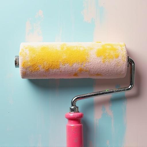Design a logo for a painting company featuring a paint roller. The paint roller has a floral pattern with a yellow texture. Background features light blue paintwork.