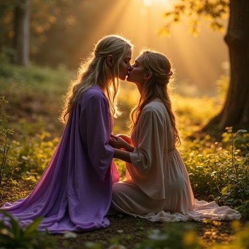 Intimate moment in an enchanted grove. Two fantasy elven females interact closely. One character kneels wearing a purple cloak. The other lies back in flowing white robes. It is golden hour with warm lighting creating a mystical atmosphere. The scene is both ethereal and surreal.