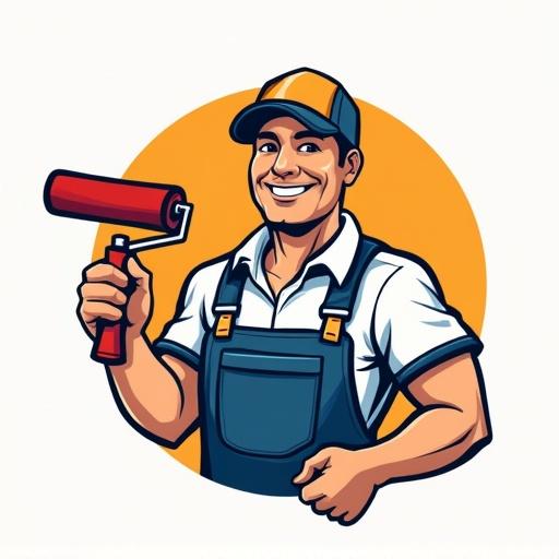 Logo design for a painting company featuring a smiling painter holding a paint roller. The painter wears a cap and overalls. Background is colorful.