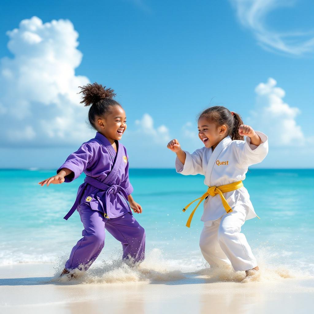 Two young girls practice taekwondo on a sunny beach. One wears a purple uniform and the other a white uniform. Both uniforms have Quest embroidered in gold. The scene is vibrant with a turquoise sea and fluffy clouds. They're surrounded by soft sand. Their laughter fills the air. The day is warm with bright sunshine. They create a joyful atmosphere while training.